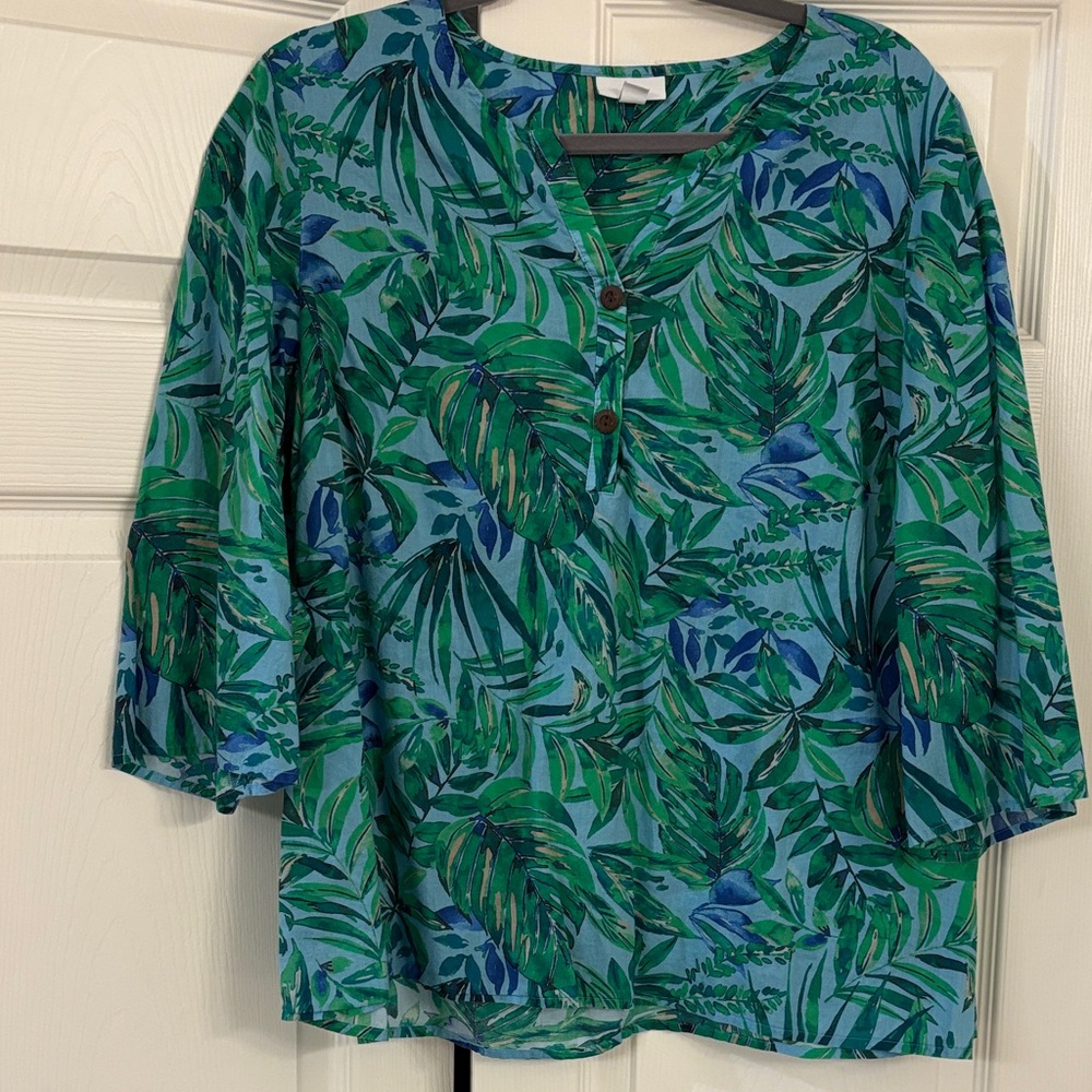 J.Jill Tropical Green and Blue Leaf Print Blouse Large
